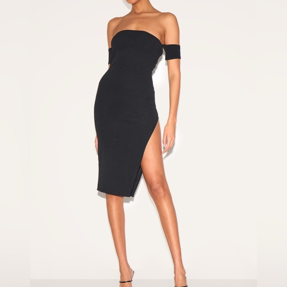 Black Cuff Detail Side Split Midi Dress